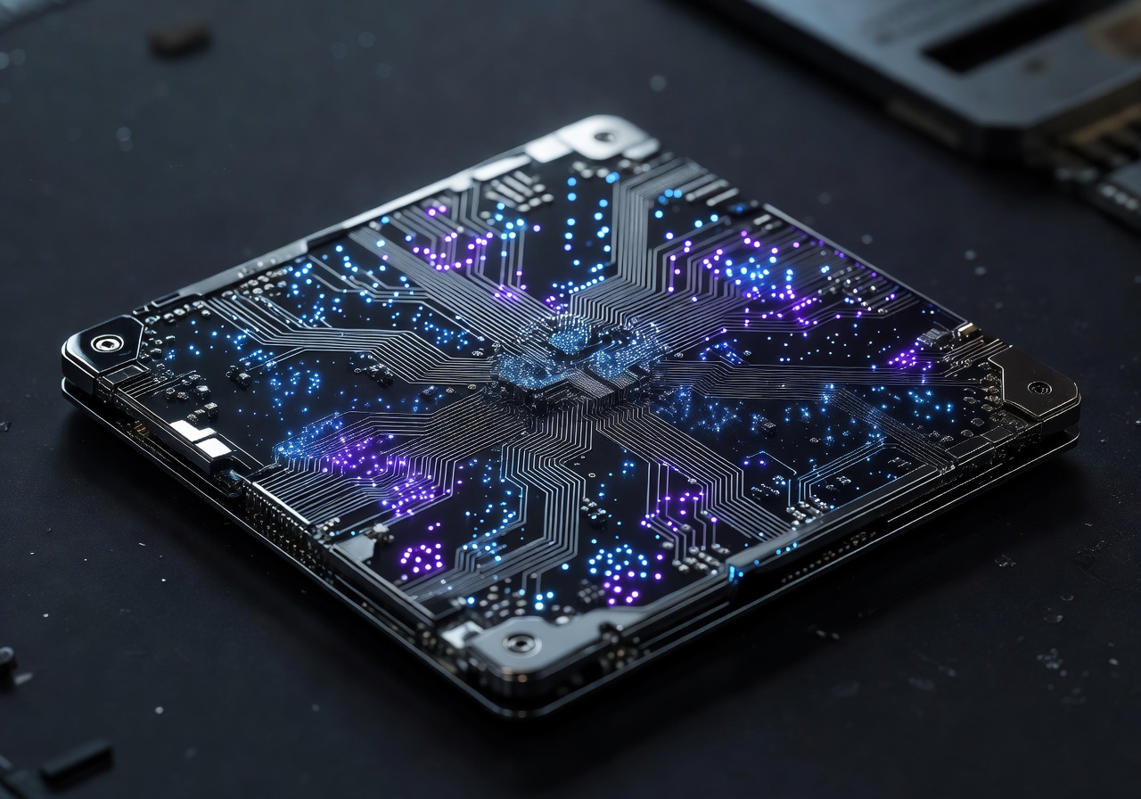 Cybernetic glowing microchip representing futuristic technology