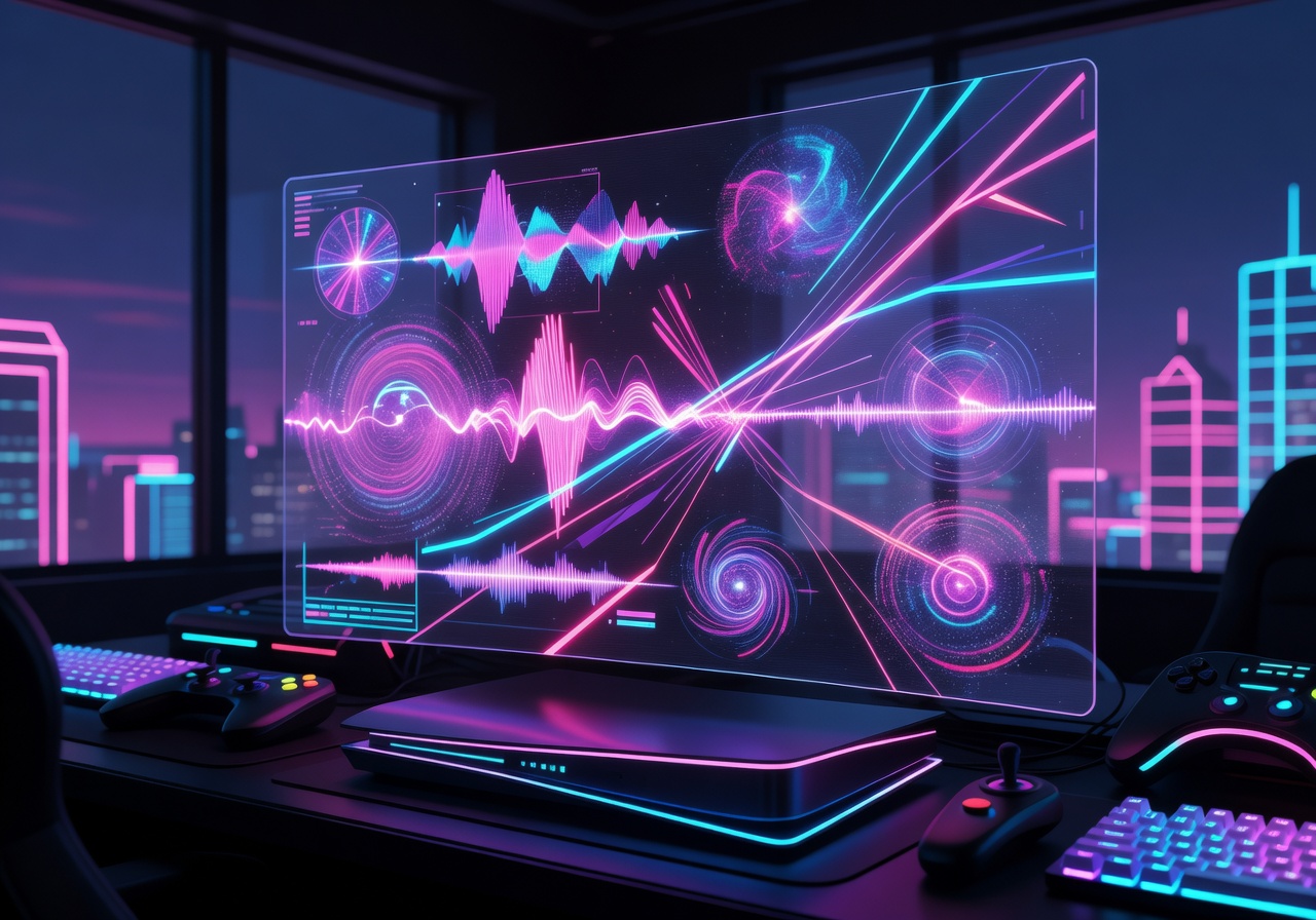 Futuristic neon synthwave gaming interface