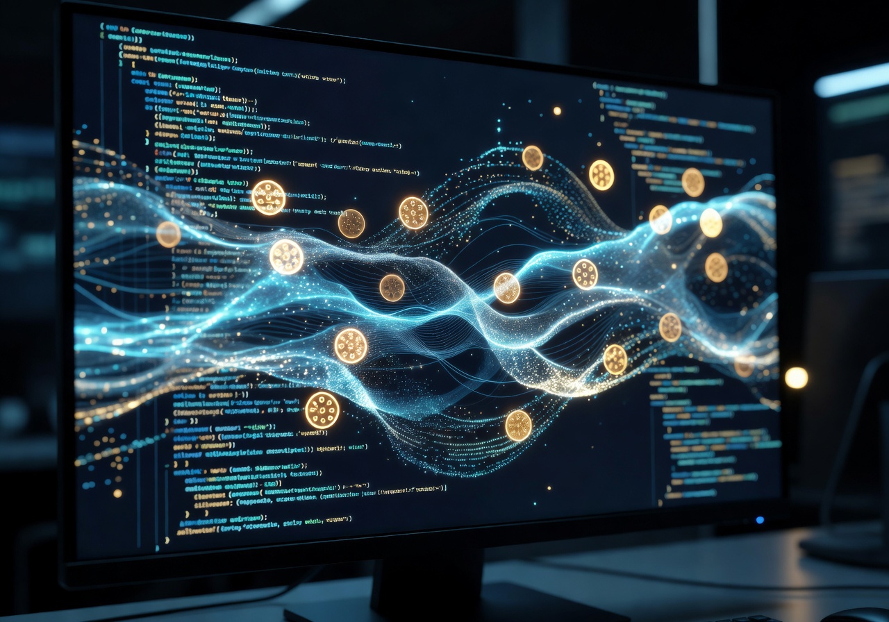Software code on a monitor representing digital cookies and tracking data