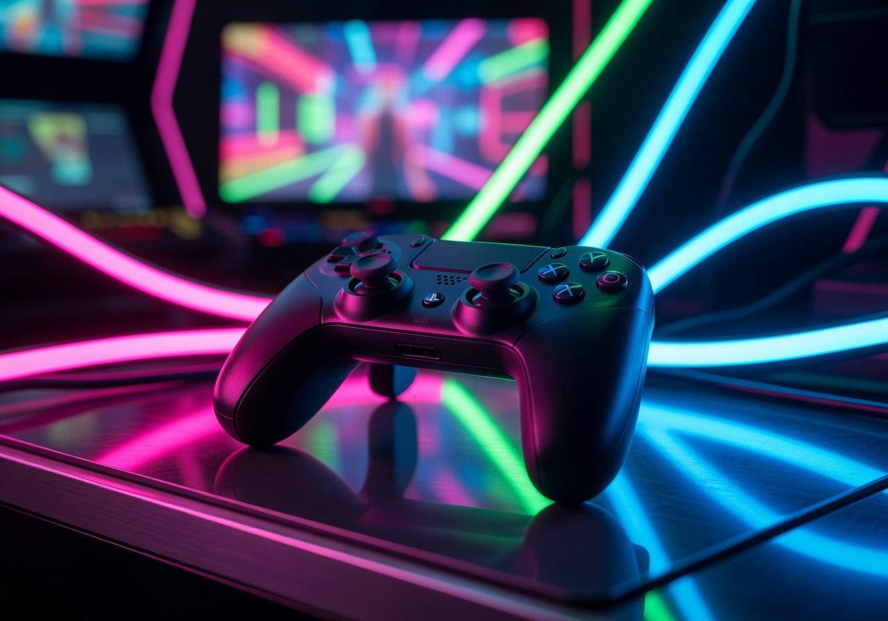 Video game controller illuminated by bright neon lights